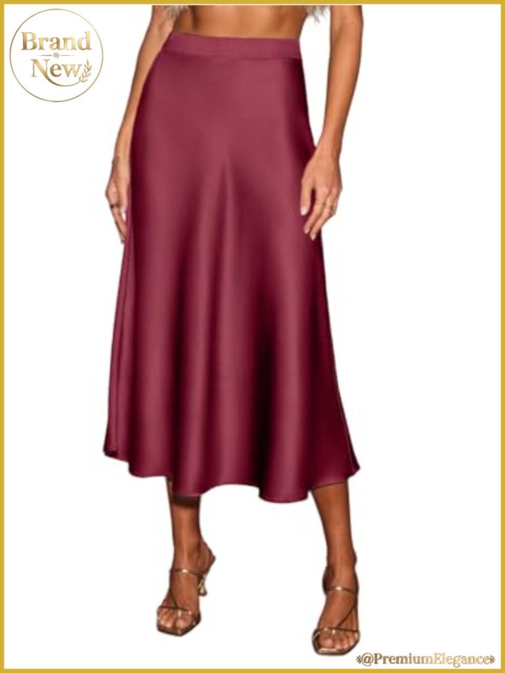 Satin A-Line Midi Skirt High Waist Non-Stretch Structured